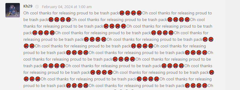 A comment from MCPEDL repeatedly reading 'Oh cool thanks for releasing proud to be trash pack', followed by the red sweating emoji